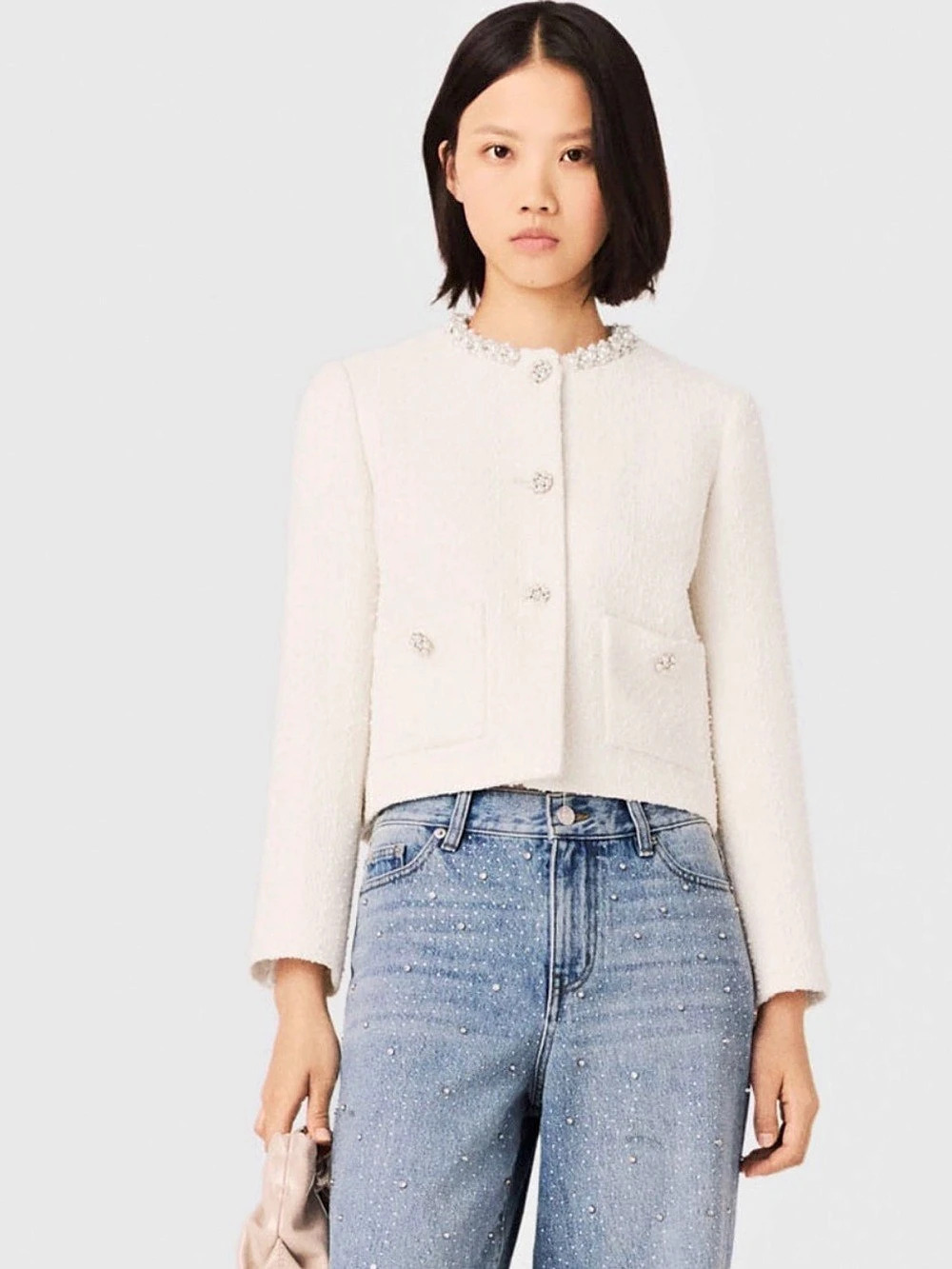 Maje vistrasso 2026 Pearl-Trimmed Tweed Jacket White